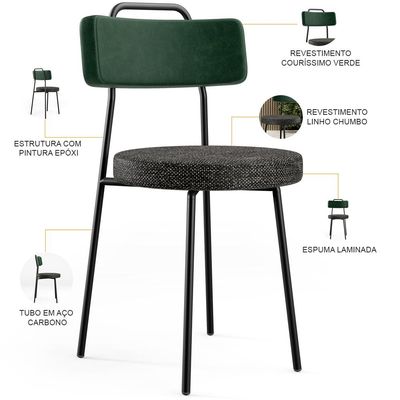 Cadeira Decorativa Estofada Para Sala de Jantar Barcelona L02 Facto Verde Musgo Linho Chumbo - Lyam