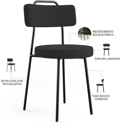 Cadeira Decorativa Estofada Para Sala De Jantar Barcelona L02 Bouclê Preto - Lyam Decor