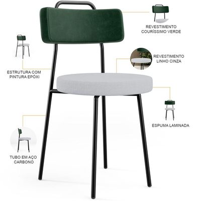 Kit 04 Cadeiras Decorativa Estofada Sala Jantar Barcelona L02 Facto Verde Musgo Linho Cinza - Lyam