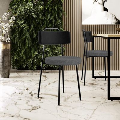Kit 04 Cadeiras Estofada Sala De Jantar Barcelona L02 Couríssimo Preto Linho Cinza Escuro - Lyam