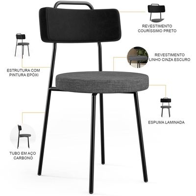 Kit 04 Cadeiras Estofada Sala De Jantar Barcelona L02 Couríssimo Preto Linho Cinza Escuro - Lyam