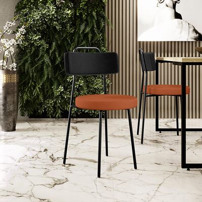 Cadeira Decorativa Estofada Para Sala Jantar Barcelona L02 Couríssimo Preto Tecido Terracota - Lyam