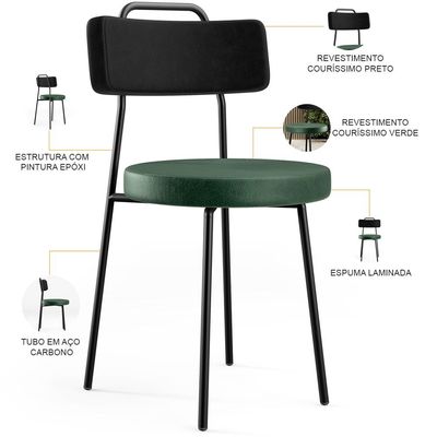 Cadeira Decorativa Estofada Sala Jantar Barcelona L02 Couríssimo Preto Facto Verde Musgo - Lyam
