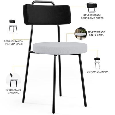 Cadeira Decorativa Estofada Para Sala De Jantar Barcelona L02 Couríssimo Preto Linho Cinza - Lyam