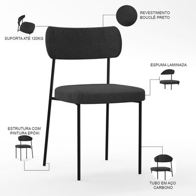 Cadeira Decorativa Estofada Para Sala De Jantar Melina L02 Bouclê Preto - Lyam Decor
