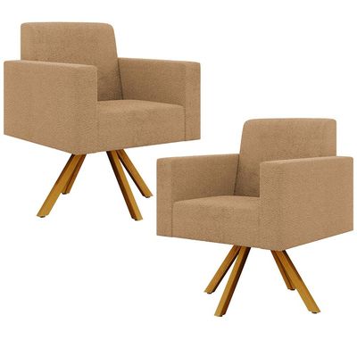Kit 02 Poltronas Decorativa Giratória Base de Madeira Helô L02 Bouclê Mostarda - Lyam Decor