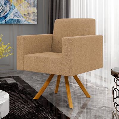 Kit 02 Poltronas Decorativa Giratória Base de Madeira Helô L02 Bouclê Mostarda - Lyam Decor