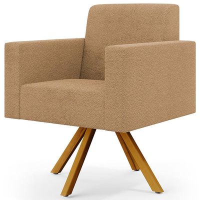 Kit 02 Poltronas Decorativa Giratória Base de Madeira Helô L02 Bouclê Mostarda - Lyam Decor