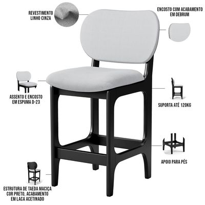 Banqueta Baixa Bar Cozinha E Sala De Jantar Fixa Betta L02 Preto Linho Cinza - Lyam Decor