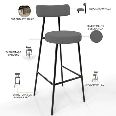 Kit 02 Banquetas Alta Cozinha Bar Sala Jantar Estrutura Em Aço Milão L02 Suede Cinza - Lyam Decor