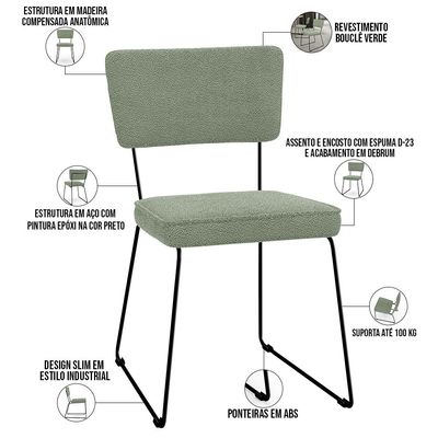 Cadeira Decorativa Estofada Para Sala De Jantar Base Em Aço Allana L02 Bouclê Oliva - Lyam Decor
