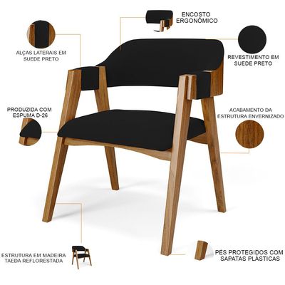 Cadeira Para Sala de Jantar e Estar Living Estofada Suran L02 Suede Preto - Lyam