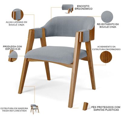 Kit 04 Cadeiras Para Sala de Jantar e Estar Living Estofada Suran L02 Bouclê Cinza - Lyam