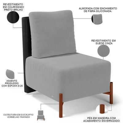 Kit 02 Poltronas Decorativas Sala de Estar Living Hungria L02 Couríssimo Preto Suede Cinza - Lyam