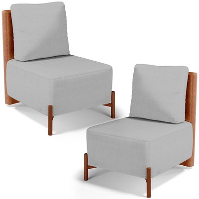 Kit 02 Poltronas Decorativas Sala de Estar Living Hungria L02 Couríssimo Camel Linho Cinza - Lyam