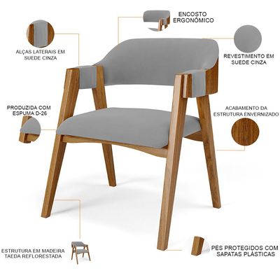 Kit 04 Cadeiras Para Sala de Jantar e Estar Living Estofada Suran L02 Suede Cinza - Lyam