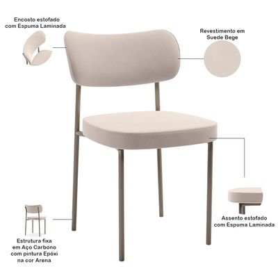 Kit 04 Cadeiras Decorativa Estofada Para Sala de Jantar Melina Base Arena L02 Suede Bege - Lyam Decor