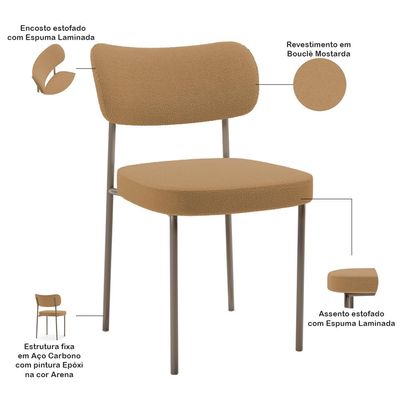 Kit 04 Cadeiras Decorativa Estofada Para Sala de Jantar Melina Base Arena L02 Bouclê Mostarda - Lyam Decor