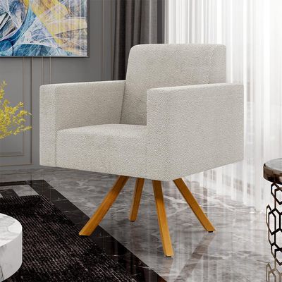 Poltrona Giratória Sala de Estar Base de Madeira Helô L02 Bouclê Creme - Lyam Decor