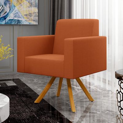 Kit 03 Poltronas Decorativa Base Giratória de Madeira Helô L02 Tecido Terracota - Lyam Decor