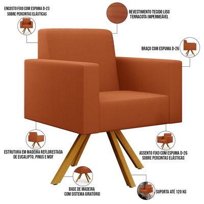 Kit 03 Poltronas Decorativa Base Giratória de Madeira Helô L02 Tecido Terracota - Lyam Decor