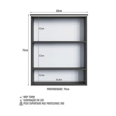 Armário Espelheira para Banheiro com 2 Portas e Iluminação Led ES8040 Grafite