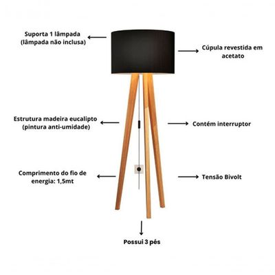 Luminária De Chão Abajur Com Cúpula E Pés De Madeira Mobigu Preto