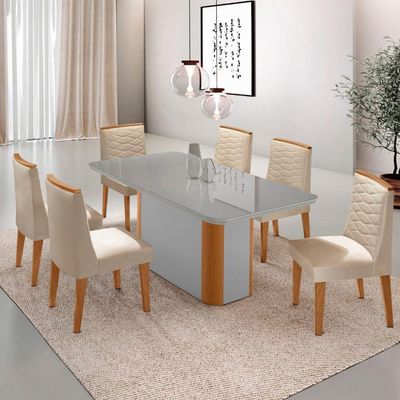 Mesa De Jantar Isadora 180cm - Tampo Mdf Vidro 6 Cadeiras