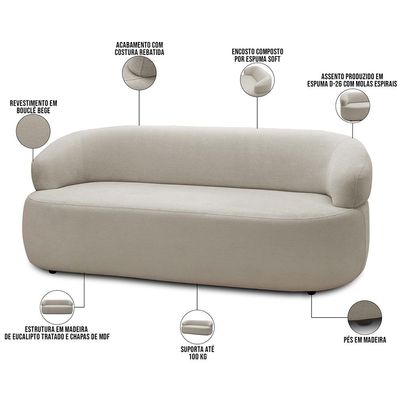Sofá 3 Lugares Orgânico Sala de Estar Living 170cm Carmen F04 Bouclê Bege - Lyam Decor