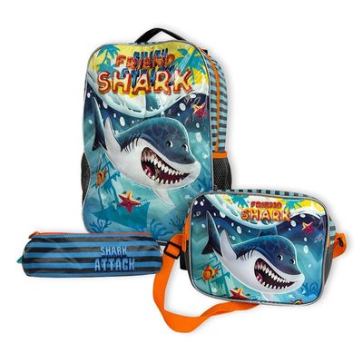 Kit Mochila Infantil Escolar com 03 Peças Tubarão Laranja