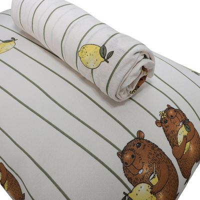 Jogo de Lençol Solteiro KazzaVip Malha Misto 70% Algodão e 30% Poliéster Estampado com Elástico 2 Peças Capivara Bege