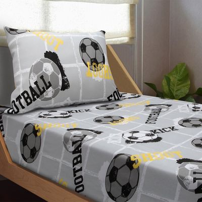 Jogo de Lençol Solteiro KazzaVip Malha Misto 70% Algodão e 30% Poliéster Estampado com Elástico 2 Peças Football Kick Cinza