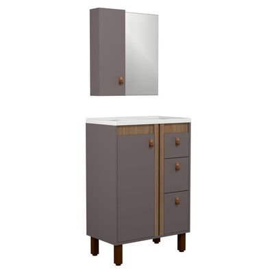 Kit Gabinete E Espelho Para Banheiro Ariel 60 Cm Com Pé Havana/jequitibá