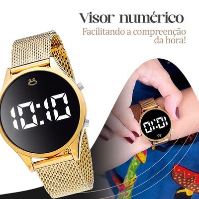 Relogio Feminino Banhado Digital Colar Pulseira Brinco
