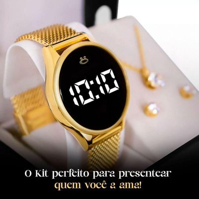 Relogio Feminino Banhado Digital Colar Pulseira Brinco