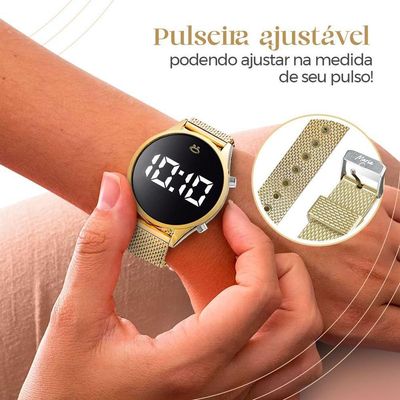 Relogio Feminino Banhado Digital Colar Pulseira Brinco