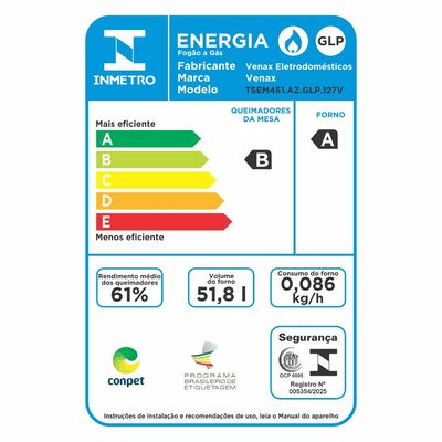 Fogao a Gas de Embutir 4 Bocas Venax Temis Azul 110v