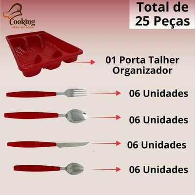 Conjunto Talheres Inox 25 Pecas Com Porta Talher Vermelho