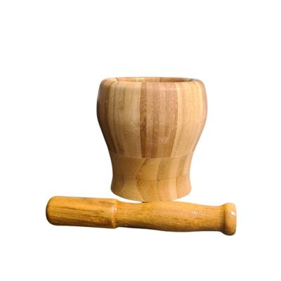 Pilão de Madeira Rústico Bambu Com Socador Reforçado Amaasador Alho Ervas Cozinha Culinária