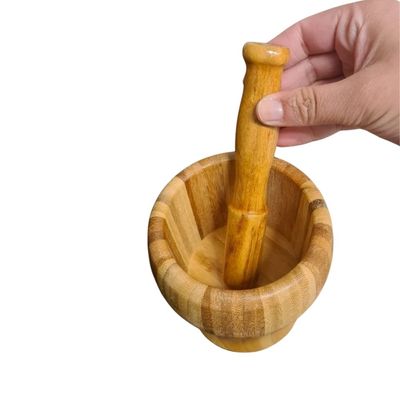 Pilão de Madeira Rústico Bambu Com Socador Reforçado Amaasador Alho Ervas Cozinha Culinária