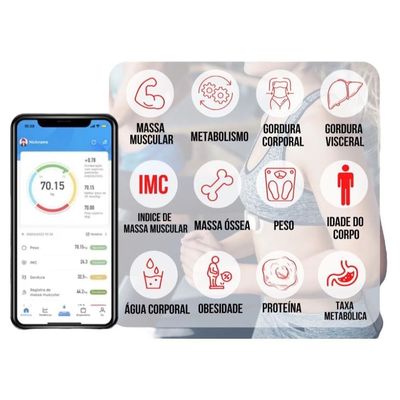 Balança de Bioimpedância com Bluetooth e APP inteligente Meça Gordura, Peso e Massa Muscular