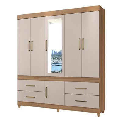 Guarda Roupa Casal 6 Portas Com Espelho E 4 Gavetas Ubatuba Amêndola Touch-off White