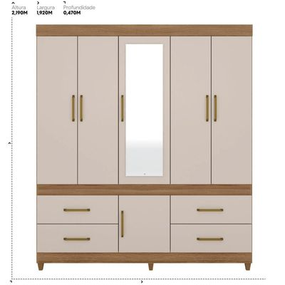Guarda Roupa Casal 6 Portas Com Espelho E 4 Gavetas Ubatuba Amêndola Touch-off White