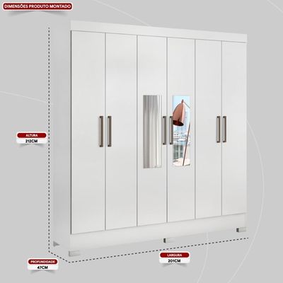 Guarda Roupa Casal 6 Portas Com Espelho E 3 Gavetas York Branco