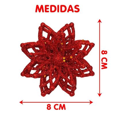 Pendentes Enfeite Natalino Flores Gliter Vermelho Kit 24pçs