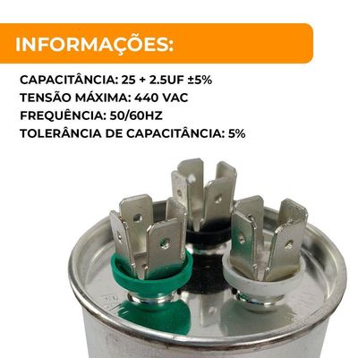 Capacitor 25 + 2,5 Uf 440v Duplo único