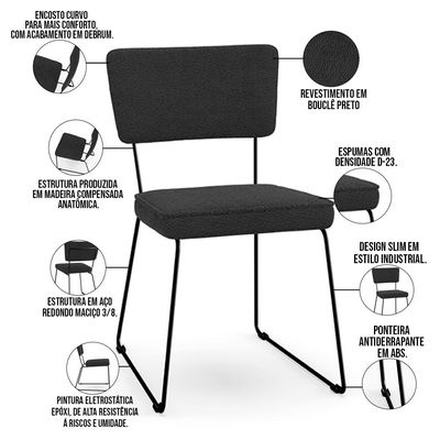 Kit 04 Cadeiras Decorativas Estofada Base De Aço Allana L02 Bouclê Preto - Lyam Decor