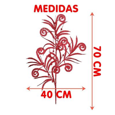 Plantas Folhas Enfeite Natal Gliter Vermelho 70cm Kit 10pçs