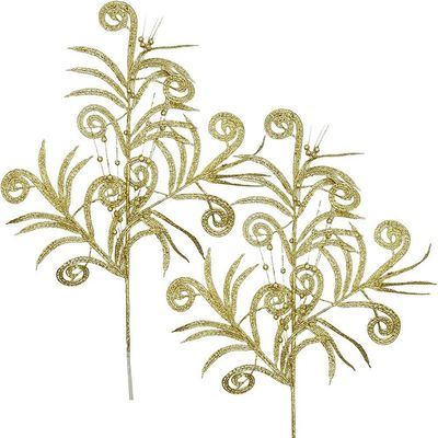 Plantas Folhas Decoração Natal Gliter Dourado 70cm Kit 8pçs