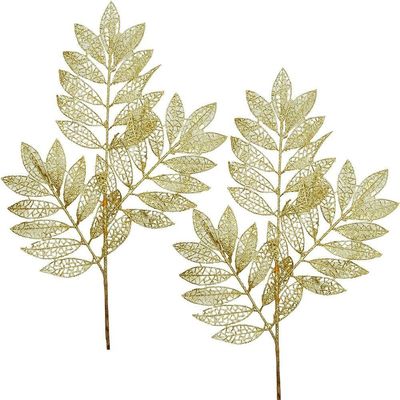 Plantas Folhas Decoração Natal Gliter Dourado 75cm Kit 6pçs